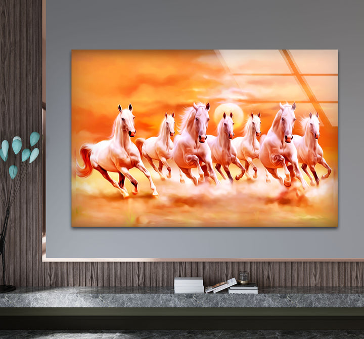 Wandkunst mit sieben laufenden Pferden – Spirituelle Sonnenaufgangsszene, Glasdruck