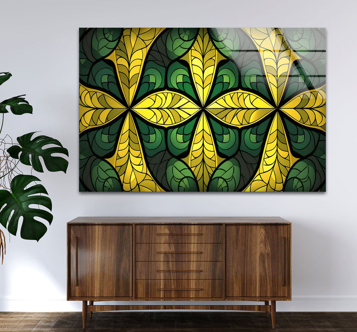 Green & Gold Stained Glass Wall Art – Botanical Geometric Glass Design