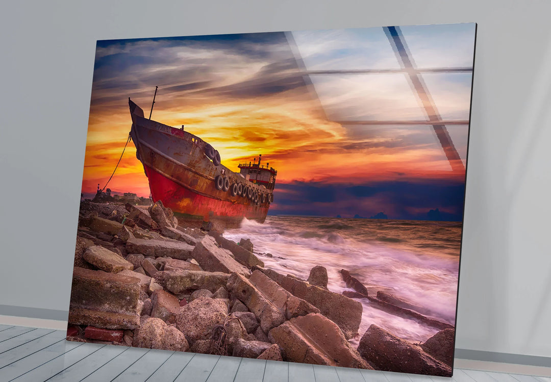 Abandoned Ship Wall Art – Sunset Seascape Glass Print for Nautical Decor - MyPhotoStation