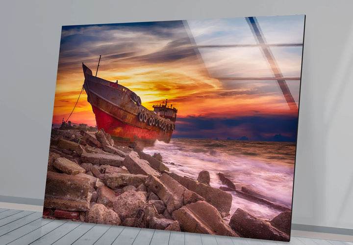 Abandoned Ship Wall Art – Sunset Seascape Glass Print for Nautical Decor - MyPhotoStation