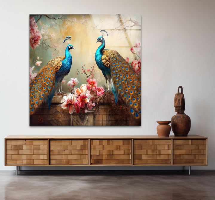 Elegant Peacock Wall Art – Floral Tempered Glass Print for Luxury Interiors