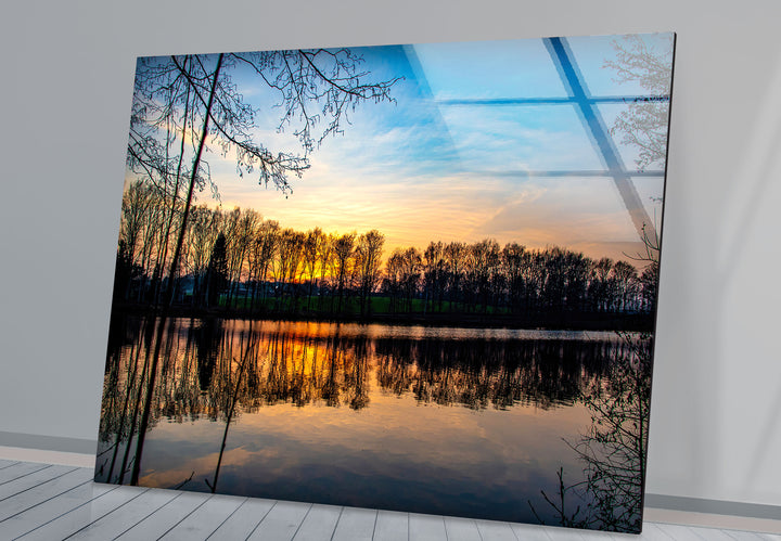 Sunset Forest Reflection Wall Art – Tranquil Lake Glass Print for Nature-Inspired Interiors