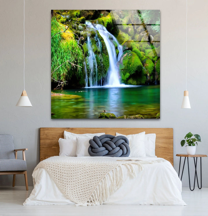 Forest Waterfall Wall Art – Serene Glass Landscape Print with Lush Green Moss and Crystal Clear Stream for Nature-Inspired Interiors - MyPhotoStation