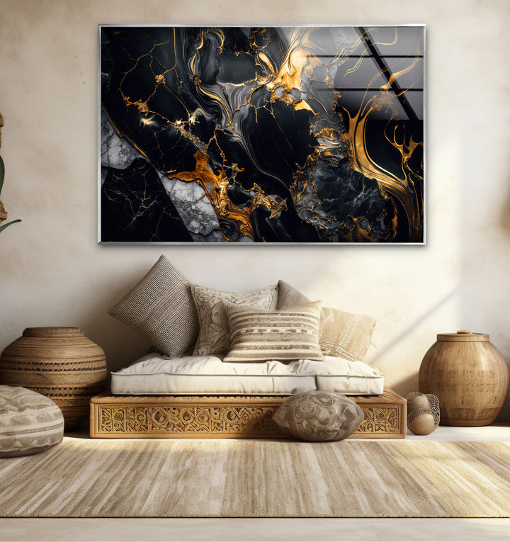 Black Marble Gold Flow Wall Art – Luxury Abstract Glass Print for Modern Interiors