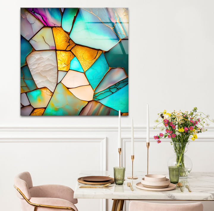 Modern Stained Glass Abstract Wall Art – Teal & Gold Geometric Glass Print