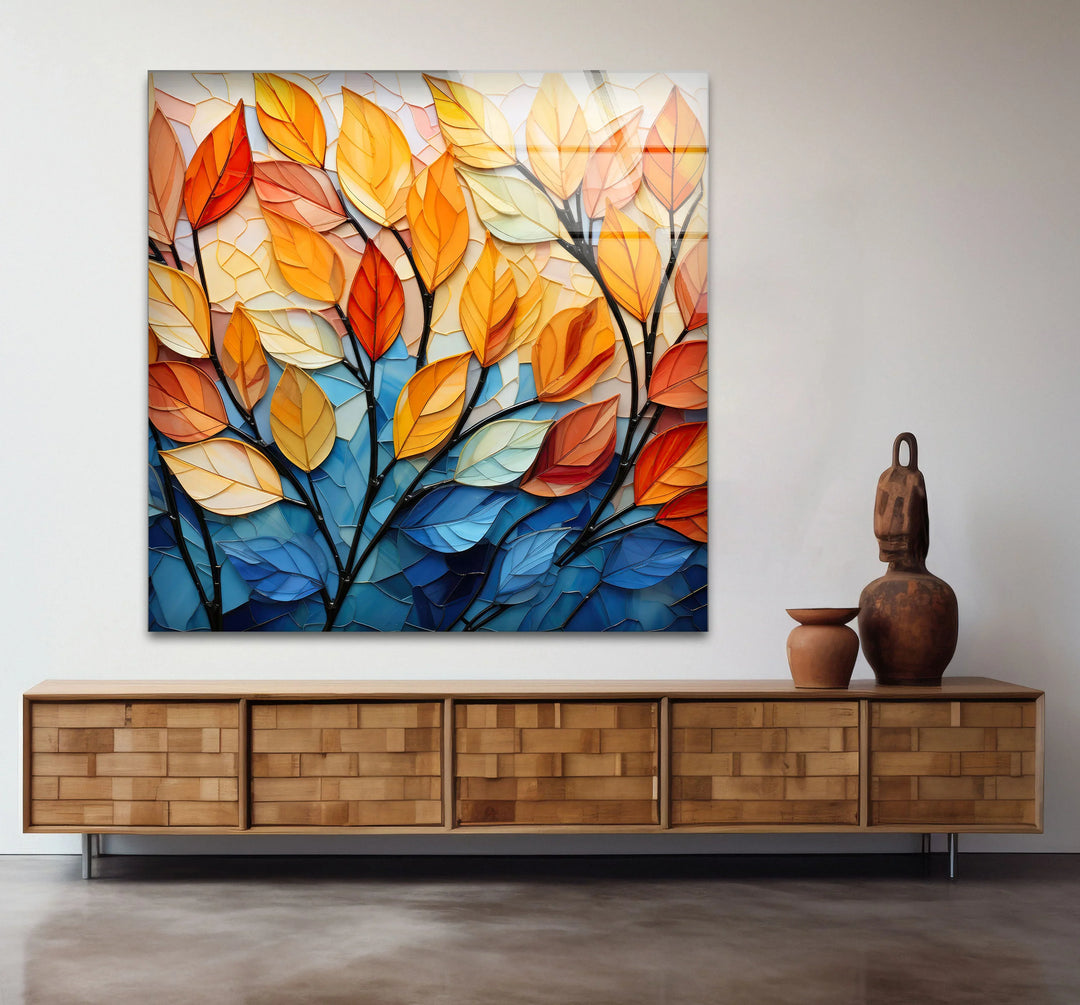 Stained Glass Autumn Leaves Wall Art – Tempered Glass Foliage Print - MyPhotoStation