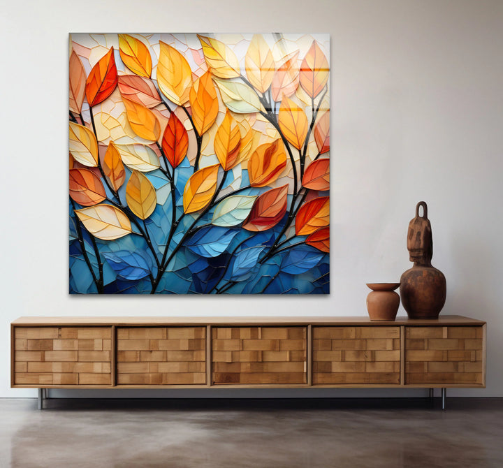 Stained Glass Autumn Leaves Wall Art – Tempered Glass Foliage Print - MyPhotoStation