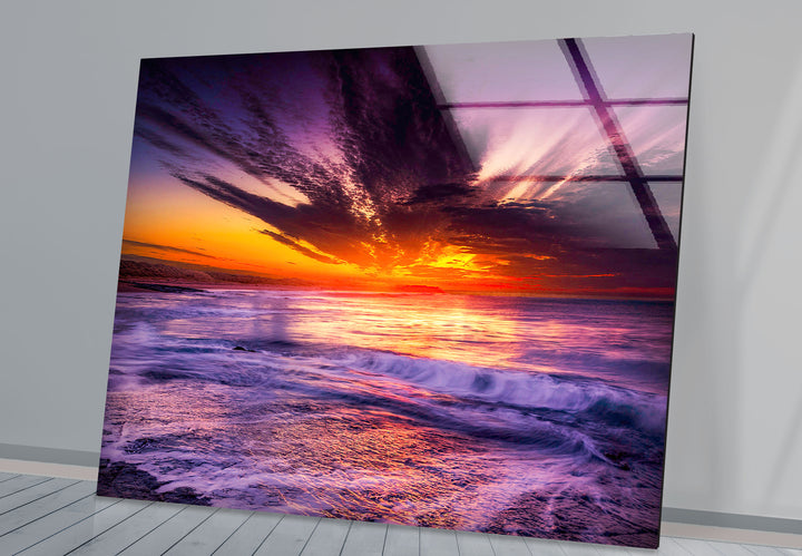 Vibrant Ocean Sunset Wall Art – Purple Sky & Waves Glass Print