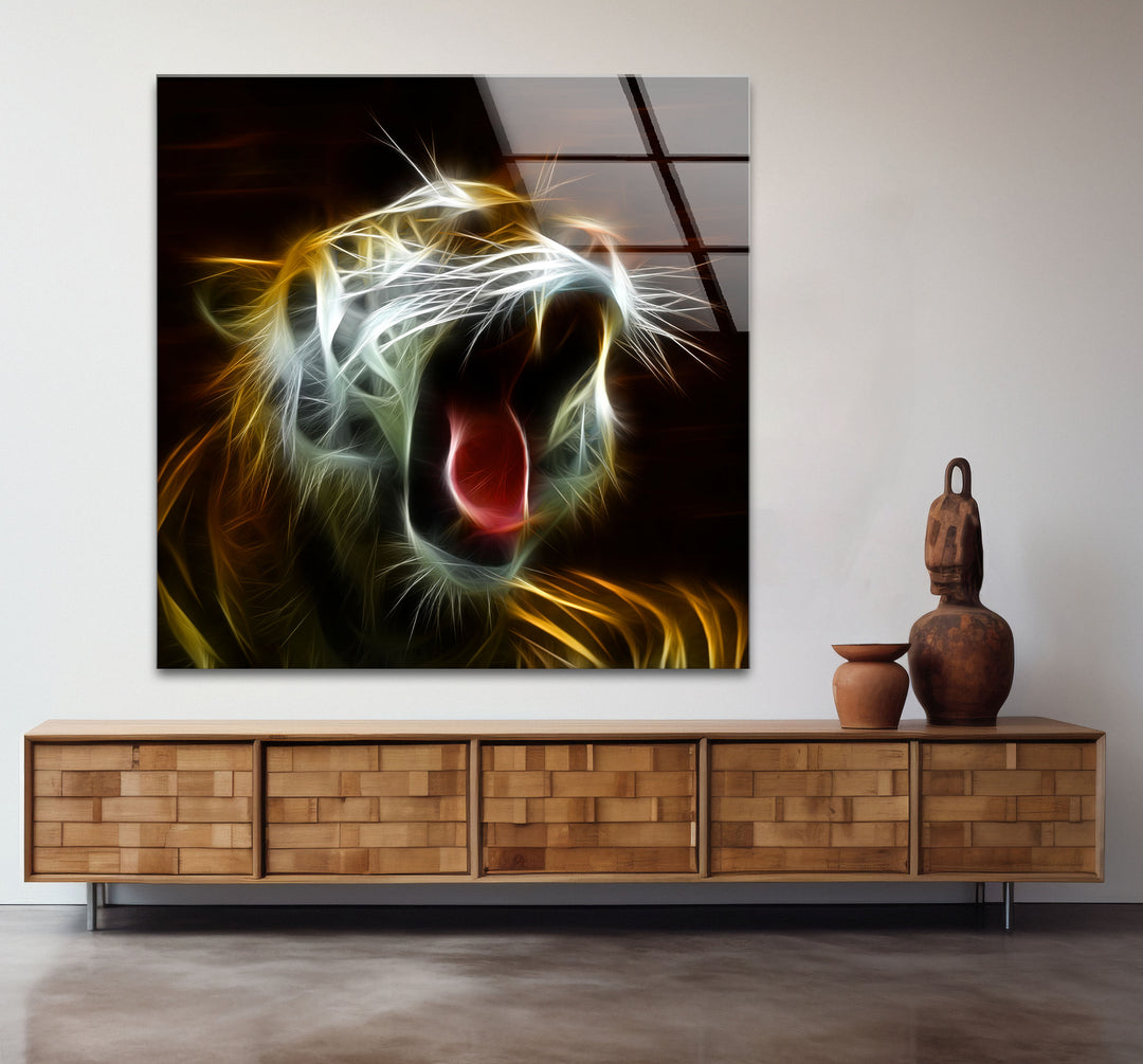 Electric Roar Tiger Wandkunst – Neon Wildtier Glasdruck Dekor