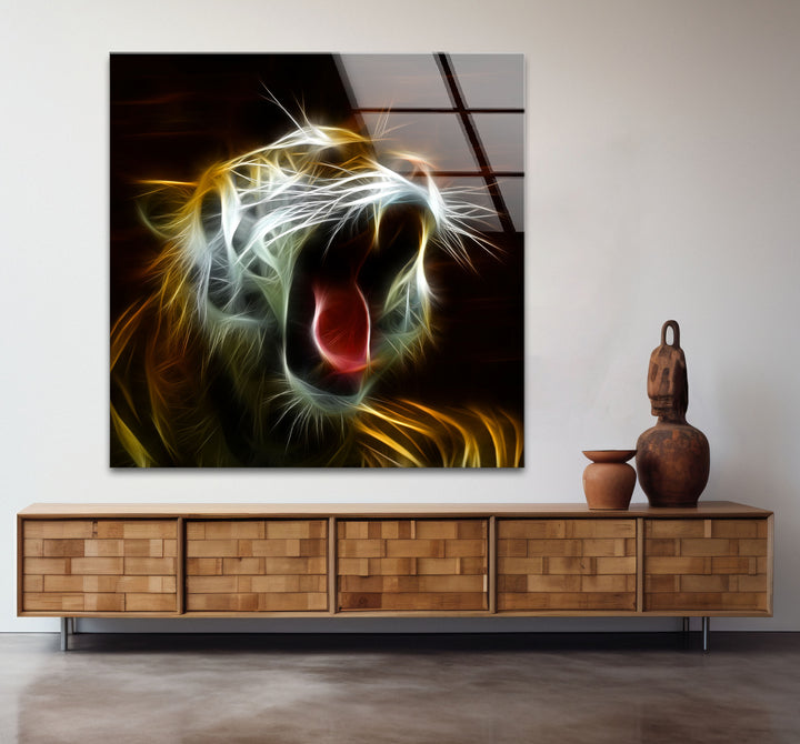 Electric Roar Tiger Wandkunst – Neon Wildtier Glasdruck Dekor