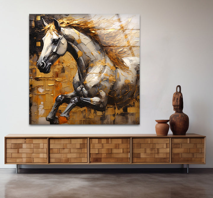 Golden Spirit Horse Wandkunst – Abstrakter Glasdruck mit rennendem Hengst