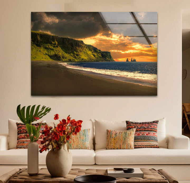 Sunset Cliffs Coastal Wall Art – Iceland Beach Landscape Glass Print - MyPhotoStation
