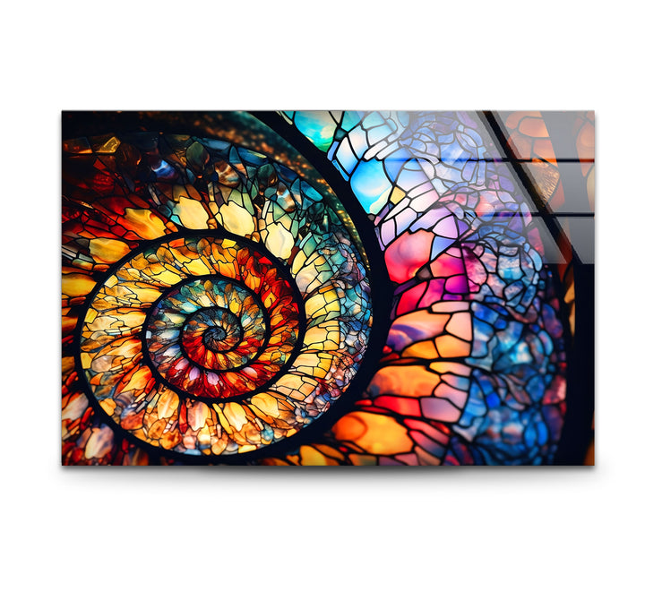 Spiralförmige Wandkunst aus Buntglas – Lebendiges Nautilusmuschel-Design 