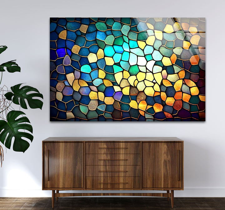 Moderne Wanddekoration aus Buntglas – Abstraktes Mosaikmuster in Blau und Gold