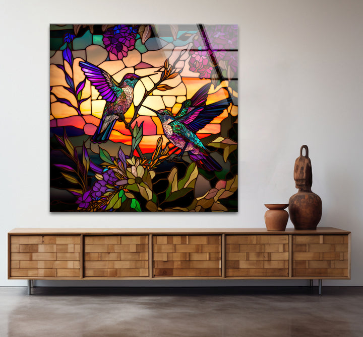 Hummingbird Stained Glass Wall Art – Sunset Floral Window Panel