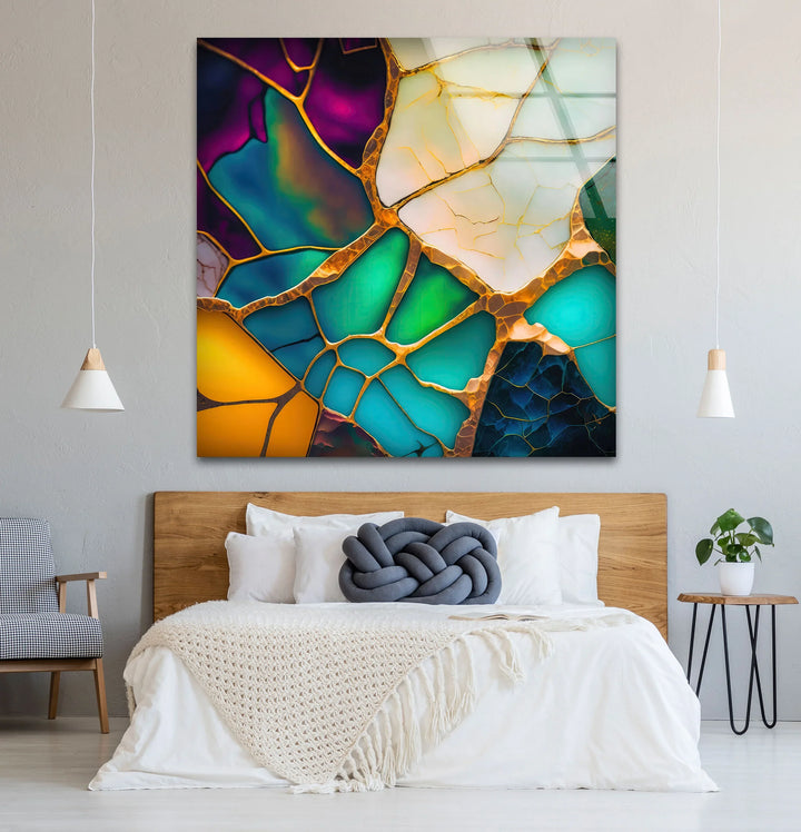 Colorful Abstract Stained Glass Wall Art – Golden Fractured Modern Glass Print - MyPhotoStation