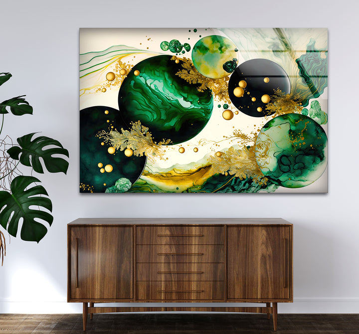 Emerald & Gold Abstract Glass Wall Art – Modern Luxury Home Decor