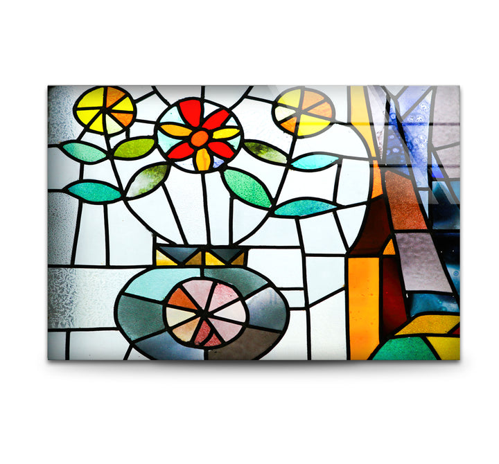 Floral Stained Glass Wall Art – Colorful Flower Vase Mosaic Panel