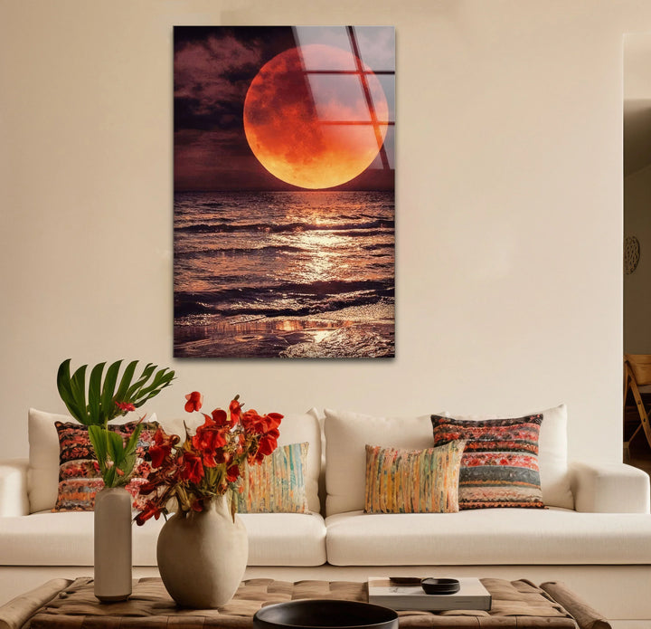 Red Moon Over Ocean Glass Wall Art – Dramatic Lunar Seascape Print for Bold Modern Decor - MyPhotoStation