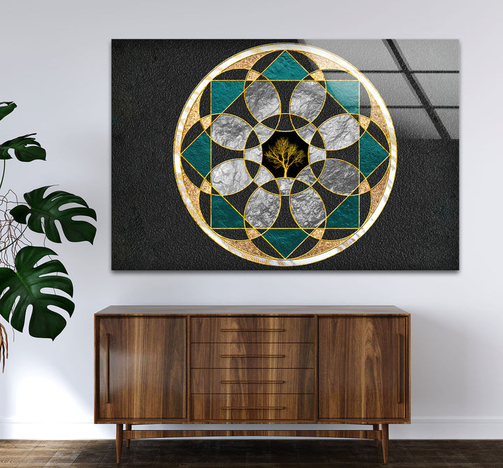 Wandkunst mit heiliger Geometrie, Baum des Lebens – Moderne Glasplatte mit goldenem Mandala-Design