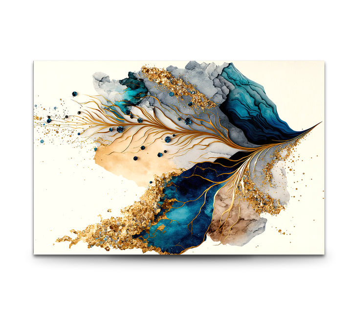 Abstrakte Glaswandkunst in Gold und Blau – Luxuriöses, modernes, fließendes Design