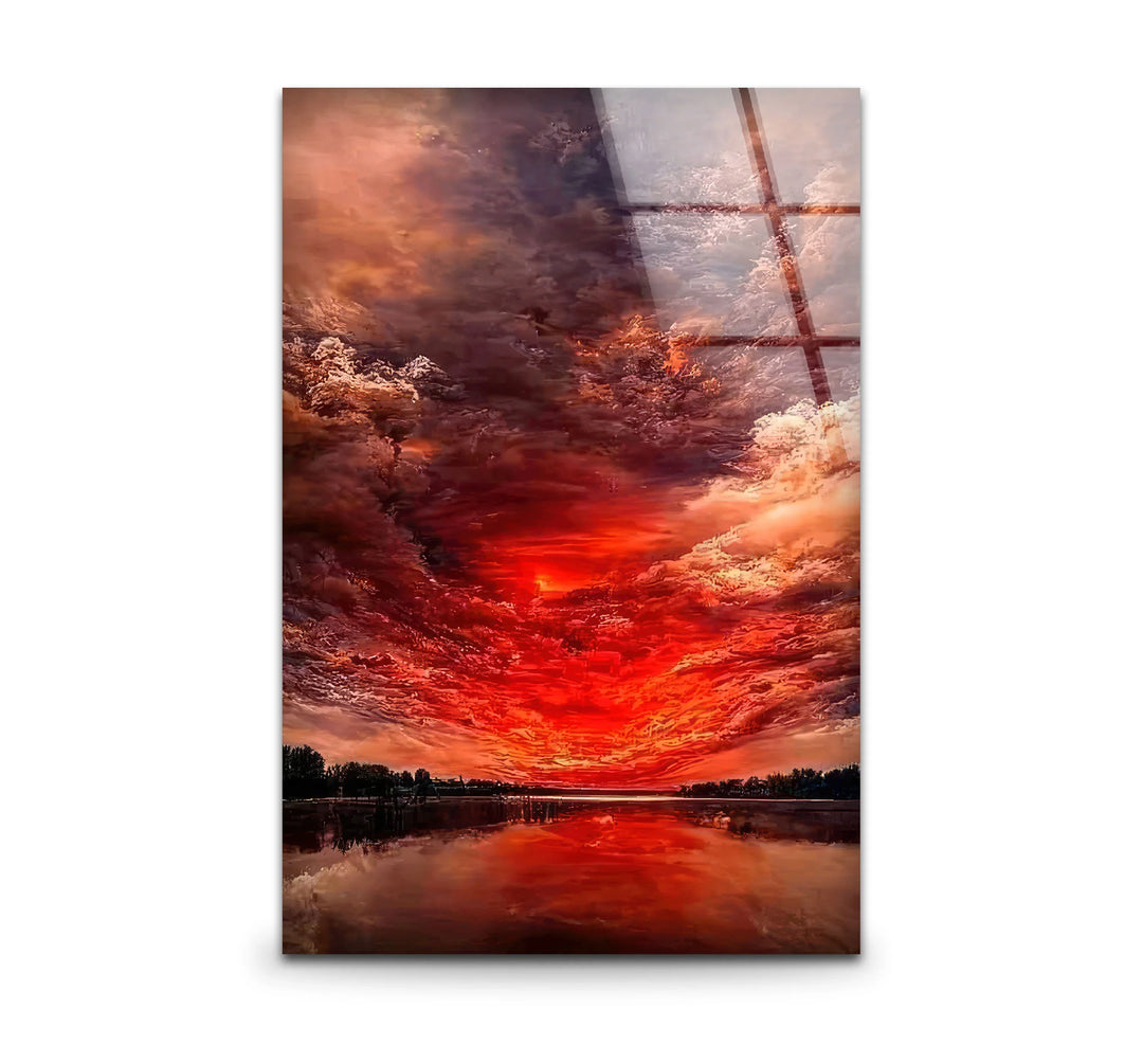 Fiery Sunset Sky Glass Wall Art – Dramatic Red Clouds Over Water Landscape - MyPhotoStation