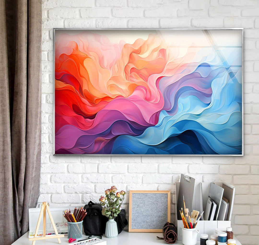 Colorful Fluid Abstract Glass Wall Art – Red, Pink & Blue Flowing Design - MyPhotoStation