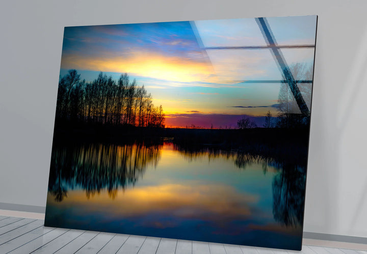 Sunset Reflection Wall Art – Tranquil Forest & Lake Glass Print for Serene Decor - MyPhotoStation