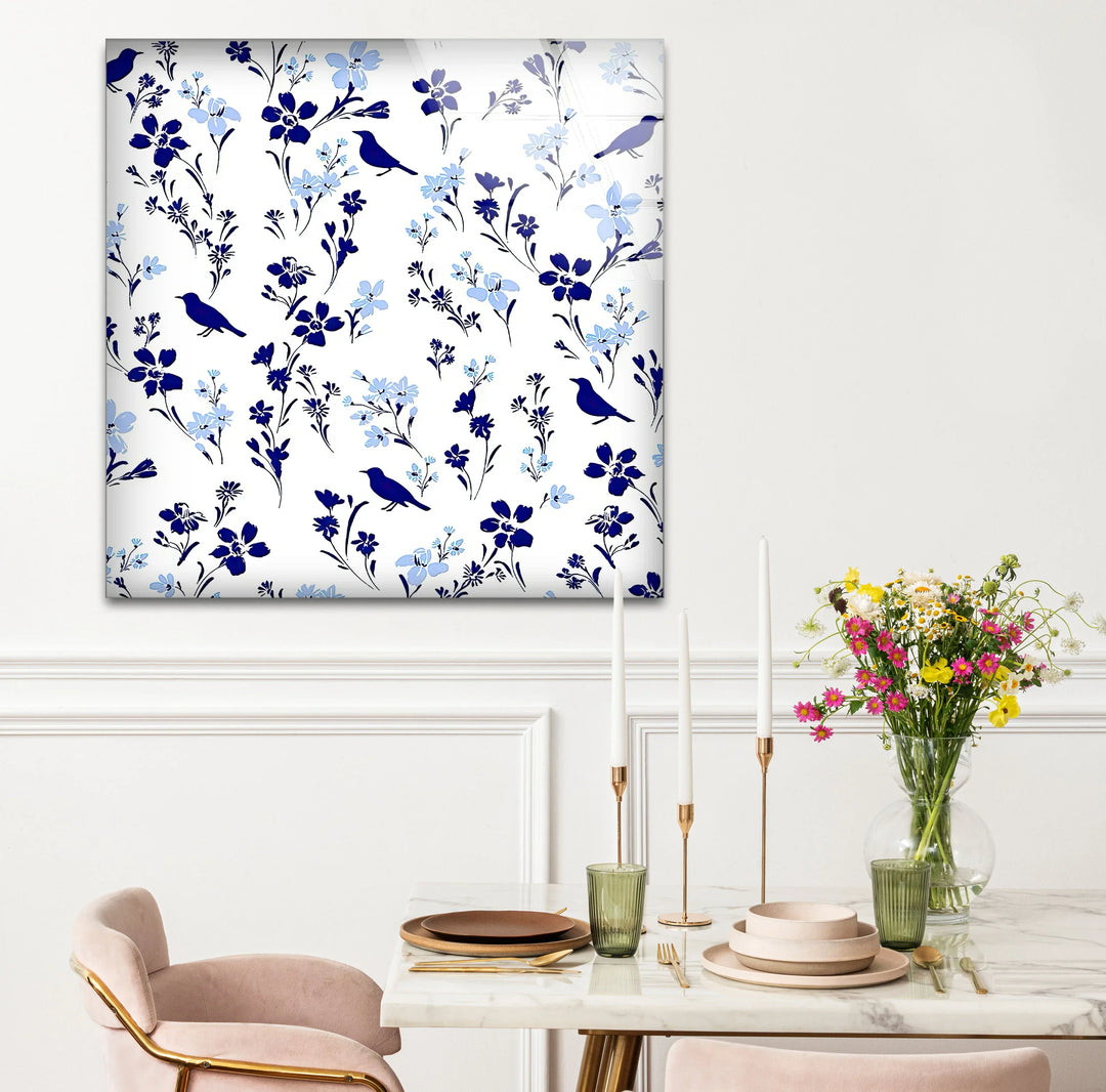 Blue Bird and Wildflower Pattern Wall Art – Elegant Floral Glass Print for Nature Lovers - MyPhotoStation