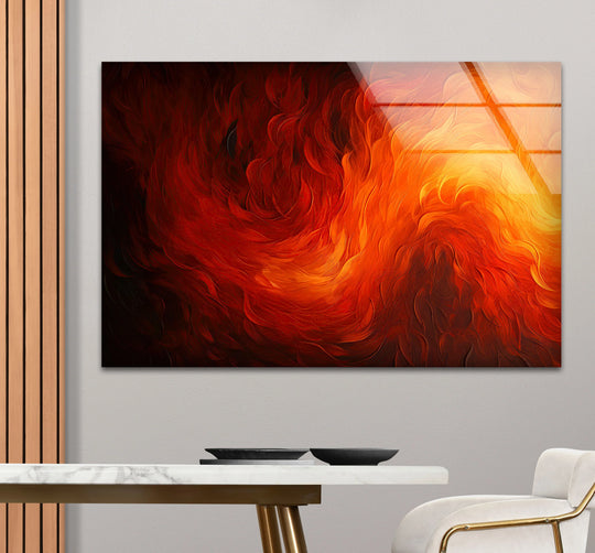 A fiery abstract glass wall art print with vibrant red and orange flame energy, showcasing reflective glass edges and borders.
