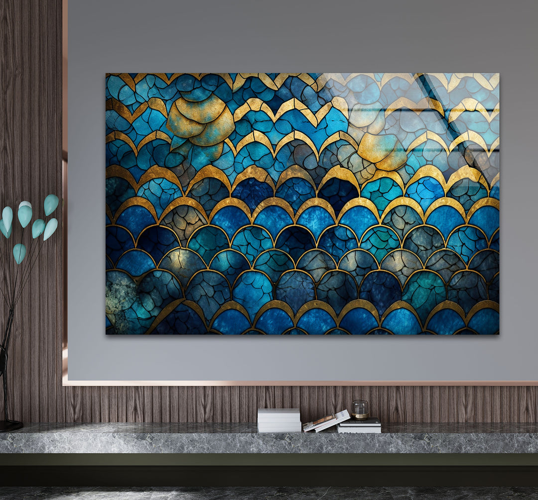 Blau-goldene Wellenmosaik-Glaskunst – Vom Meer inspirierte, rissige Textur 