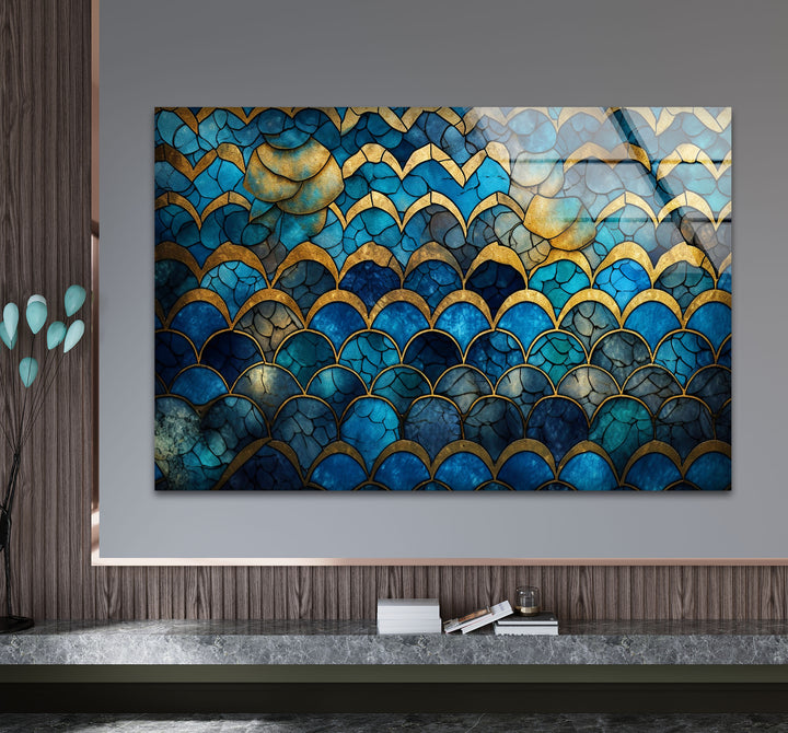 Blau-goldene Wellenmosaik-Glaskunst – Vom Meer inspirierte, rissige Textur 
