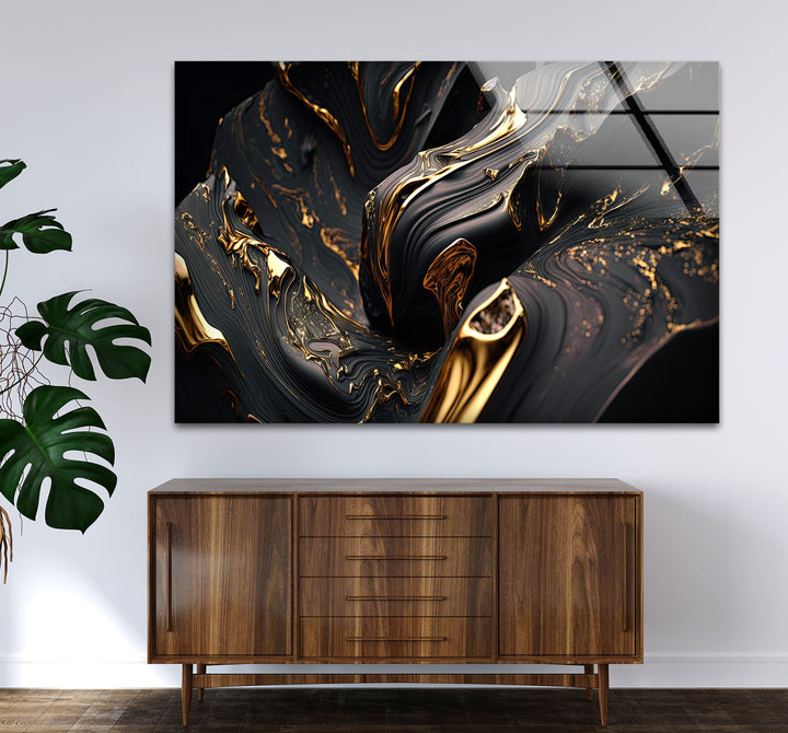 Black Gold Swirl Wall Art – Luxury Abstract Fluid Glass Print for Interiors