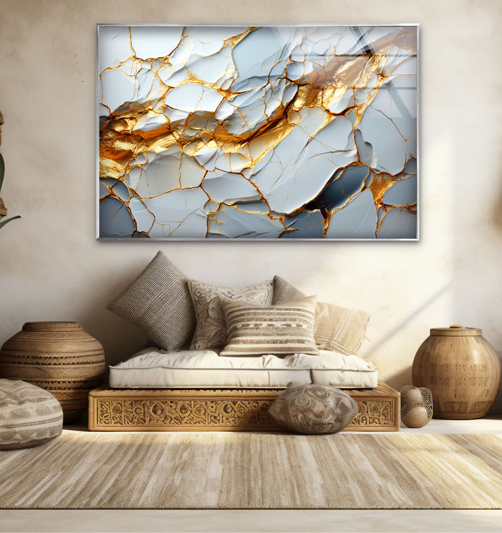 Golden Vein Marble Glass Wall Art – Luxury Abstract Stone Design for Modern Interiors