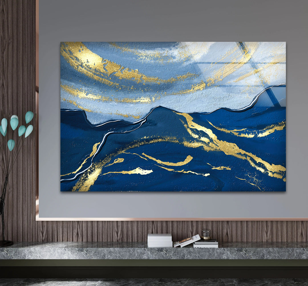 Navy Blue and Gold Abstract Landscape Wall Art – Elegant Glass Print for Modern Living Spaces - MyPhotoStation
