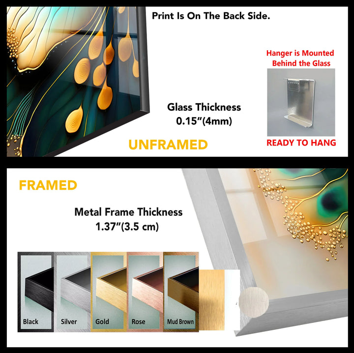 Teal Gold Abstract Floral Glass Wall Art – Elegant Botanical Flow Design - MyPhotoStation