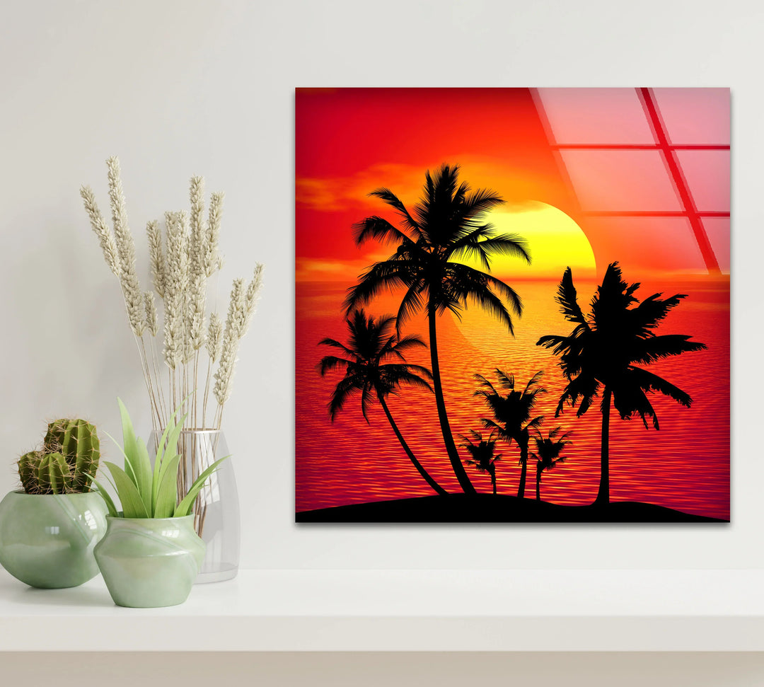 Tropical Sunset Palm Tree Wall Art – Vibrant Beach Scene on Tempered Glass - MyPhotoStation