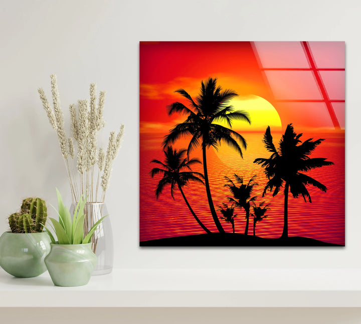 Tropical Sunset Palm Tree Wall Art – Vibrant Beach Scene on Tempered Glass - MyPhotoStation