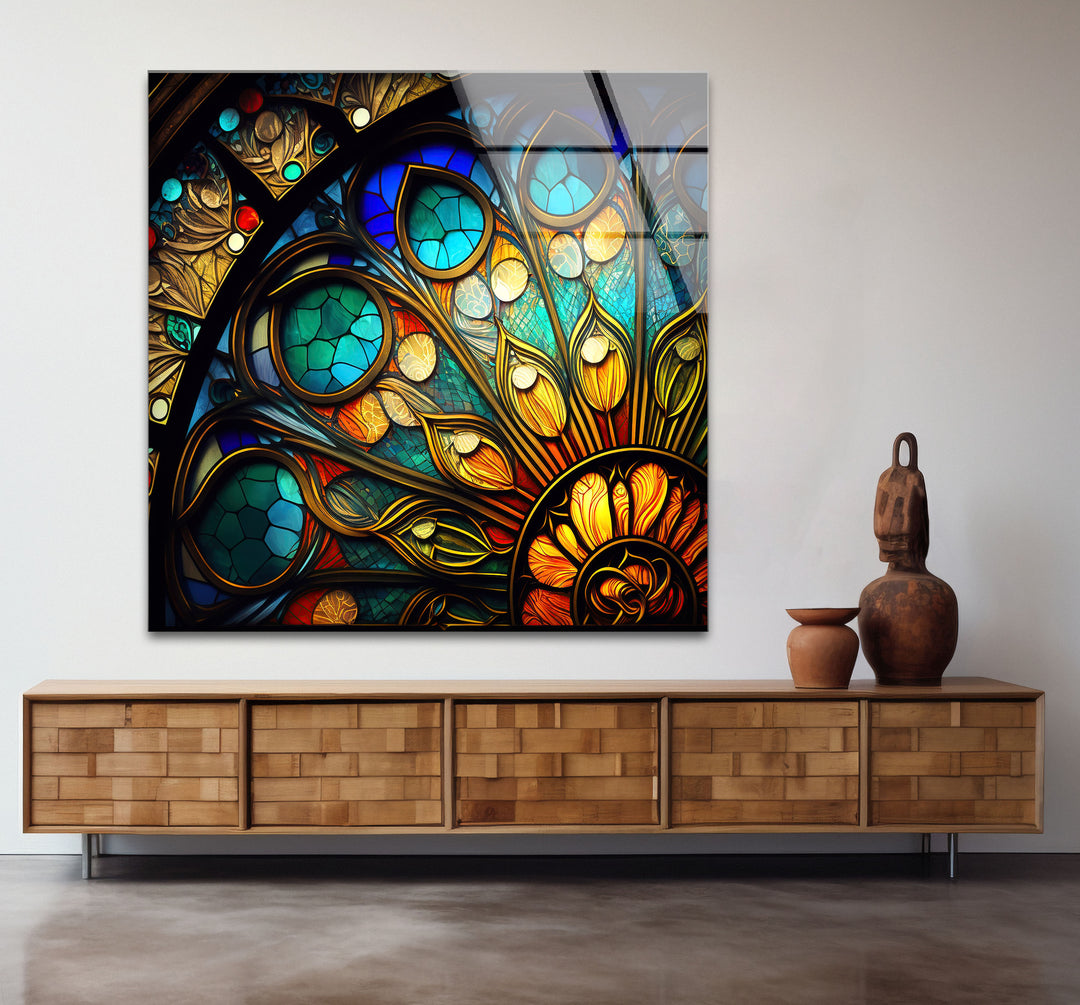 Buntglasfensterkunst – Elegantes gotisches Rosettenfenster-Design