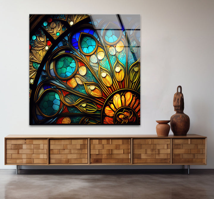 Buntglasfensterkunst – Elegantes gotisches Rosettenfenster-Design