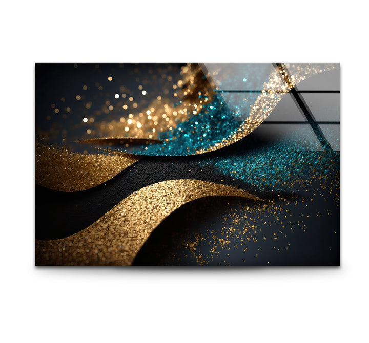 Gold Teal Glitter Wave Wall Art – Luxury Sparkle Abstract Glass Print
