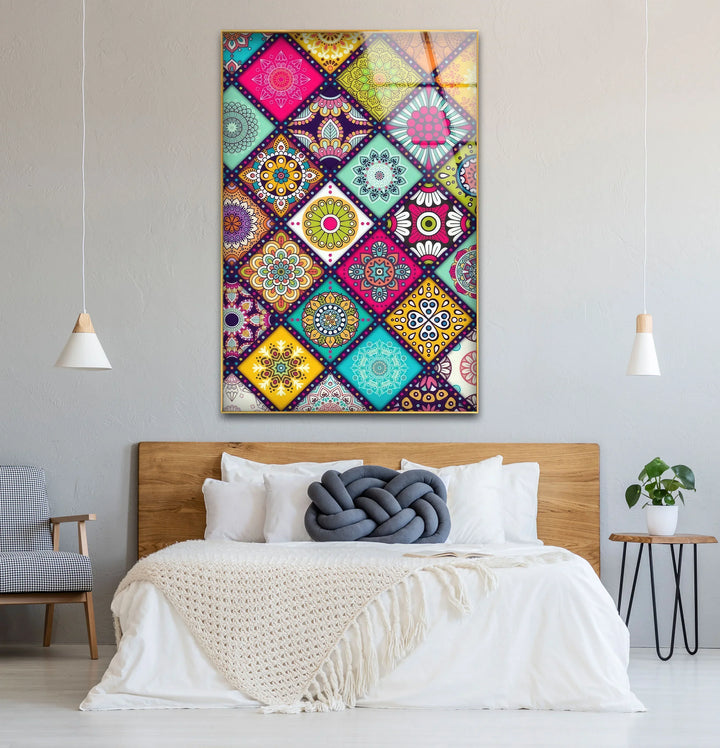 Bohemian Mandala Glass Wall Art – Colorful Mosaic Pattern for Eclectic Interiors - MyPhotoStation