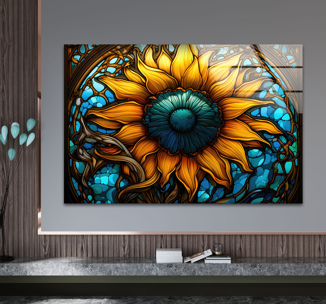Sonnenblumen-Buntglas-Wandkunst – Lebendiges, florales, von der Natur inspiriertes Dekor 