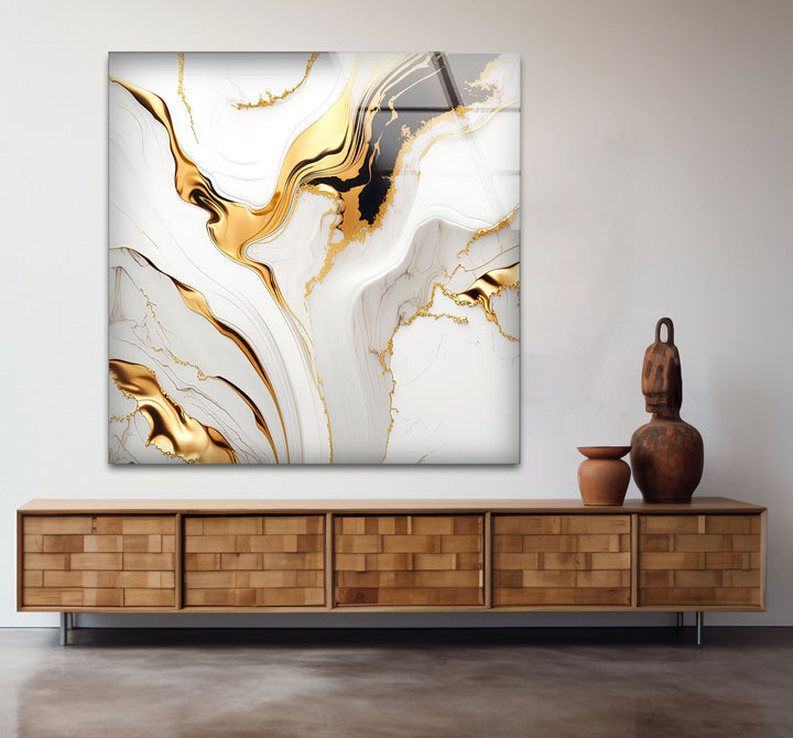 White Gold Marble Abstract Wall Art – Modern Luxury Glass Print for Elegant Interiors