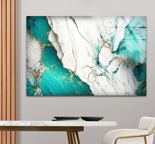 Emerald veins in this best glass art showcase the organic forms of turquoise and gold marble in abstract luxury decor.