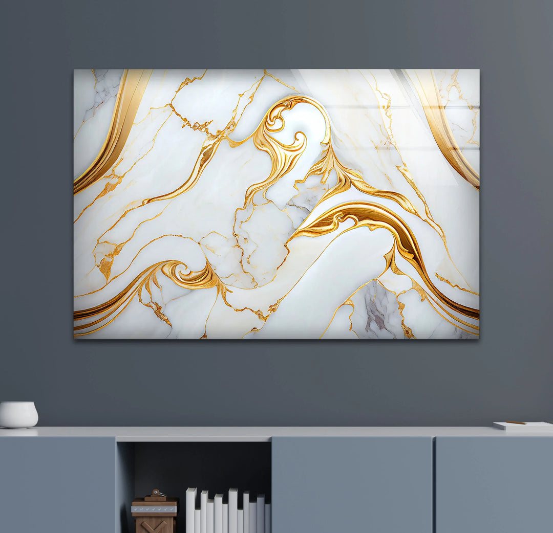 Luxury White Marble Wall Art with Gold Swirl – Elegant Glass Print for Modern Interiors - MyPhotoStation
