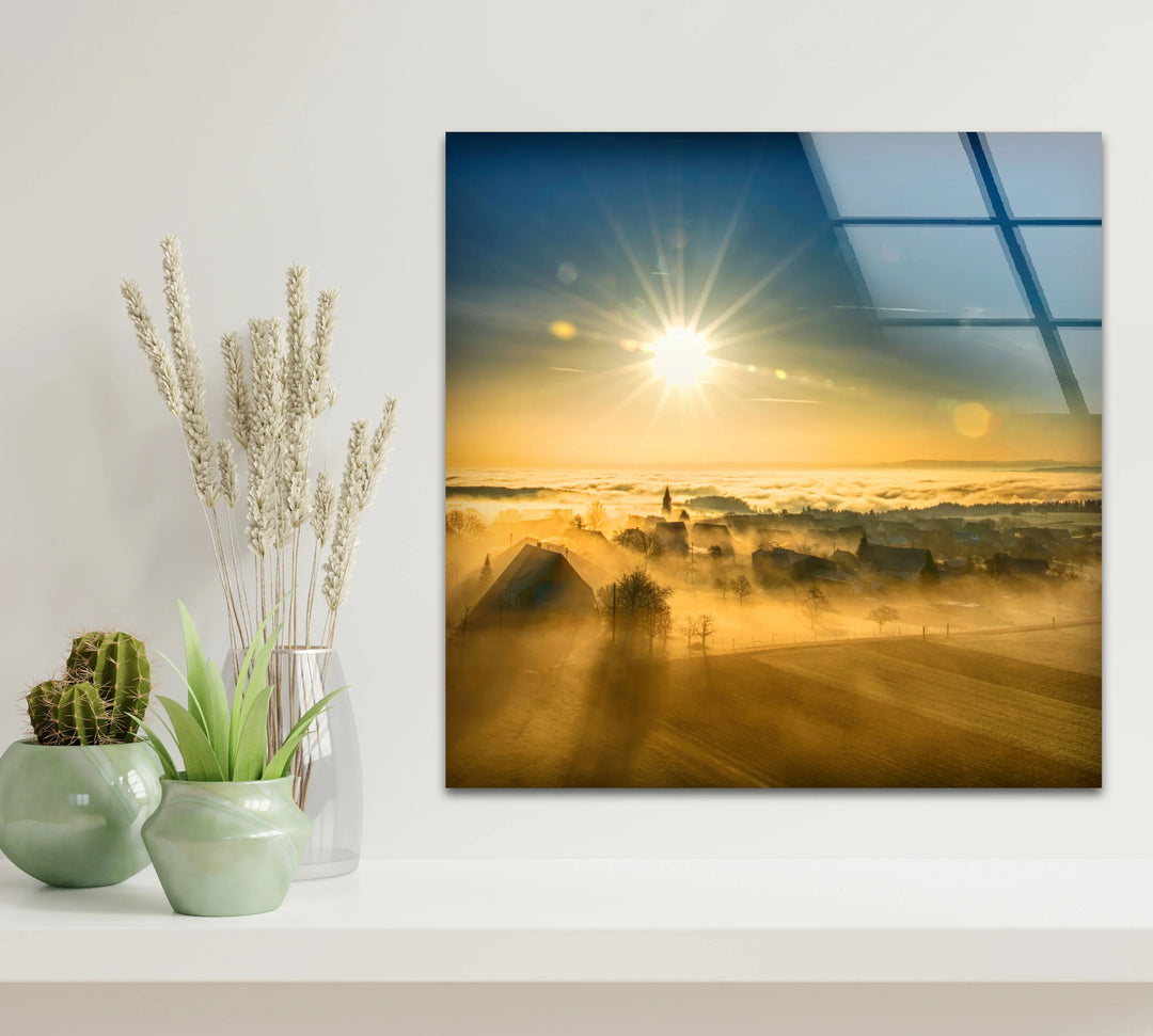 Golden Sunrise Over Foggy Countryside – Serene Morning Landscape Glass Wall Art - MyPhotoStation