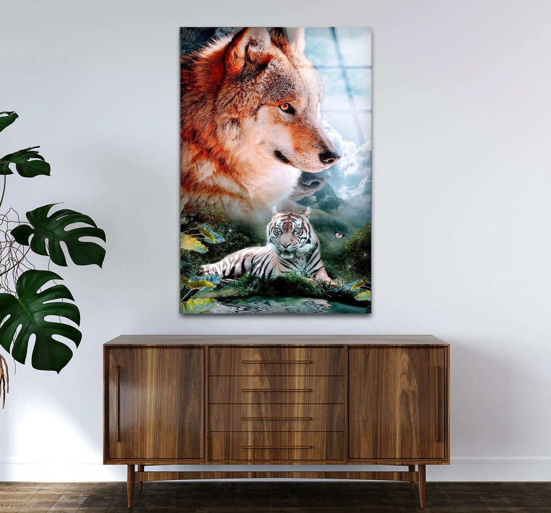 Wolf and White Tiger Wall Art – Majestic Animal Duo Nature Glass Print for Bold Decor - MyPhotoStation