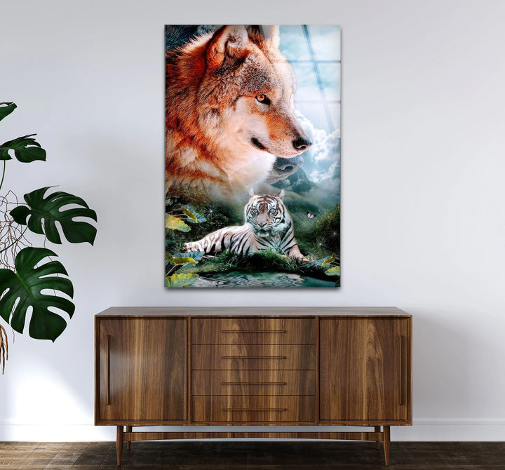 Wolf and White Tiger Wall Art – Majestic Animal Duo Nature Glass Print for Bold Decor - MyPhotoStation