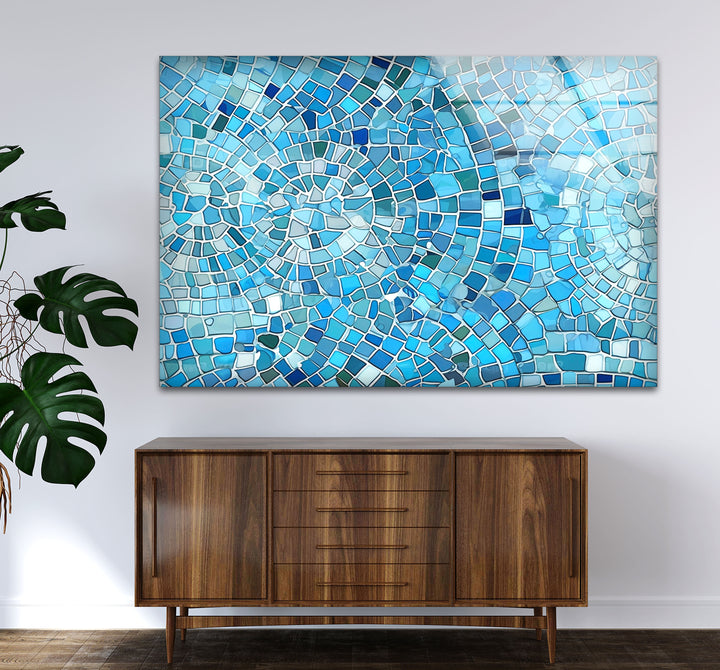 Aqua Blue Mosaic Glass Wall Art – Coastal Geometric Decor for Bathroom & Spa